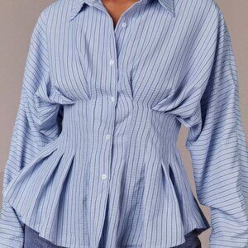 Blue Casual Women's Peplum Blouse with Structured Waist & Tailored Collar - Picture 3 of 5